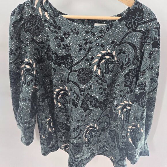 MELLODAY Tops - Melloday Green Black Dark Floral Puff Sleeves Long Sleeve Blouse Size 2x